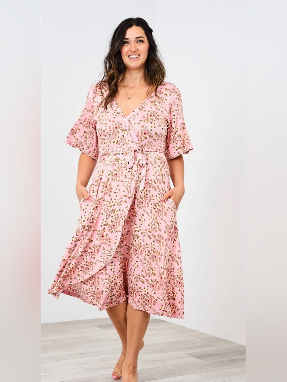 NEW Latched Mama Labor & Postpartum Wrap Dress Mossy Meadows Wrap Midi Dress